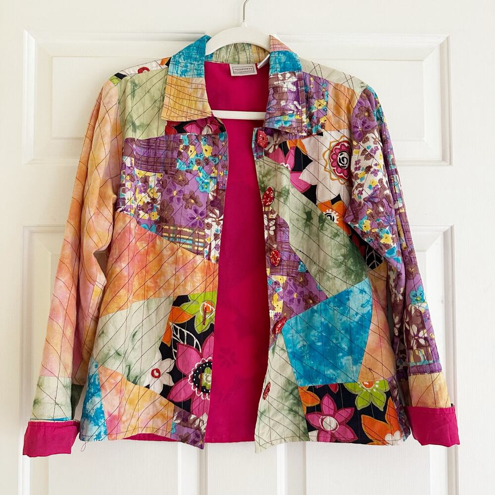 Vintage Passports Patchwork Cotton Jacket Kantha Multicolored Size Small Art